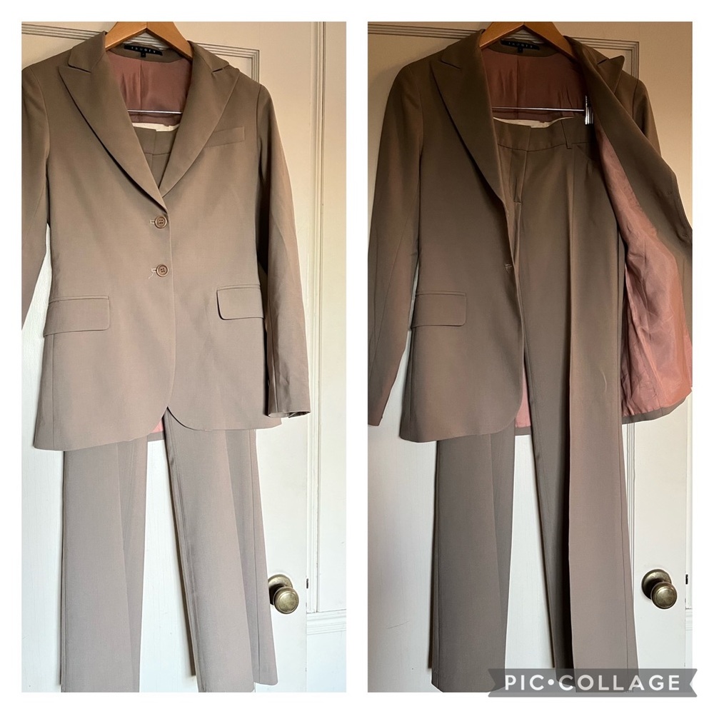 Theory 2-piece woman’s suit, tan w/ rose colored lining. Size P jacket, 2 pants